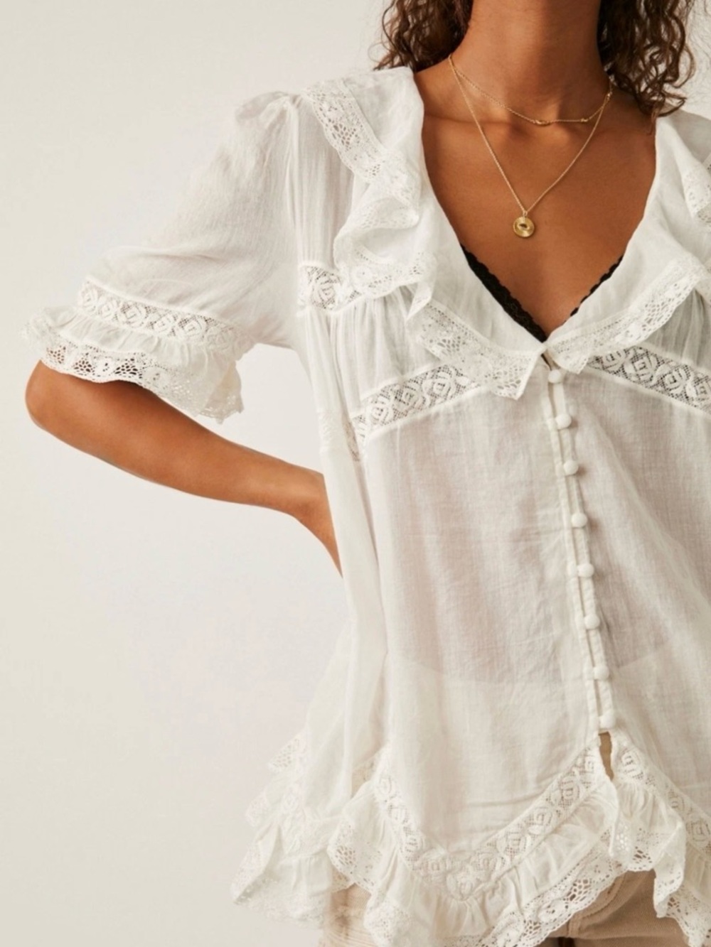 Free People Sheer White Lace-Trim Top